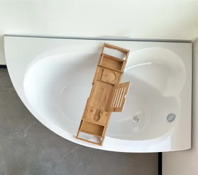 Produktbild von ECOLAM Badewanne Wanne Eckwanne Eckbadewanne Acrylwanne Carmen 170x100 cm RECHTS + Bambusablage Wannenbrücke + Ablaufgarnitur Ab- und Überlauf Automatik Viega Füße Silikon Komplett-Set