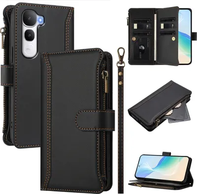 Image de Etui pour Vivo Y400 5G/Y400 4G, zippé, étui portefeuille en cuirPolyuréthaneavec pochettes pour cartes, support et dragonne noir