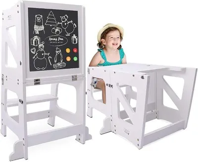 Imagen del producto de Silecomplaza, torre de aprendizaje para niños a partir de 1 año, 3 en 1. Torre de aprendizaje para niños, escalón plegable con protección anticaídas, con pizarra magnética de doble cara, ideal para ayudar en la cocina o el baño (blanco)