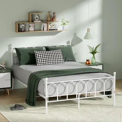 Image de MODFU Lits classiques Lit en métal 140 x 200 cm avec cadre en métal, lit double pour jeunes avec tête de lit en fer, blanc (sans matelas), style européen