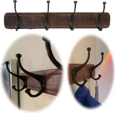 Produktbild von LS-lebenStil Vintage Wand-Garderobe 60cm ️ Teak Holz 4/8 Haken Braun Garderoben-Leiste Kleider-Haken Haken-Leiste Garderobenpaneel Jacken-Halter