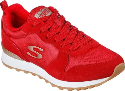 A single red sneaker is shown from a side-diagonal angle against a white background.