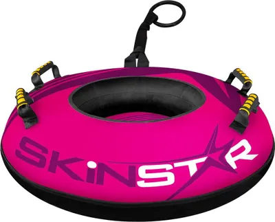 A pink and purple snow tube with yellow handles and a black inner tube, shown on a white background.