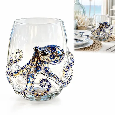 Produktbild von Handgemachtes Oktopus Glas, einzigartiges Meerestier Trinkglas mit blauem Kraken Design, dekoratives Glas für Zuhause, Bar und Meerliebhaber