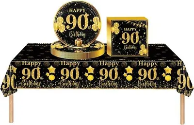 Productafbeelding van Feestservies 37-delig Zwart Goud voor 90e Verjaardag
