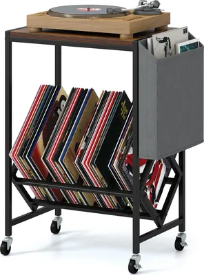 Produktbild von COSTWAY Plattenspieler Regal, Schallplattenregal mit Vinylaufbewahrung & Zeitschriftenhalter, Schallplattenständer mit Rollen, Beistelltisch, Braun