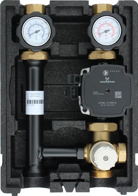 Produktbild von EcoMix EN004 Heizkreispumpengruppe mit Drei-Wege-Mischer, Festwertthermostat 25-55°C und Grundfos UPM3 Hybrid 25/7  Hocheffizienzpumpe
