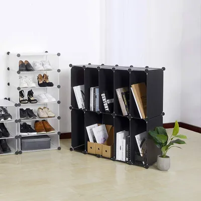 Produktbild von Schuhschrank mit Tür 10 Fächer Kunststoff | Schwarz | 48x36x173 cm