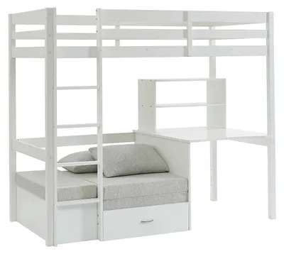 Produktbild von Hochbett 90 x 200 cm mit Schreibtisch, Schlafsofa und Ablagefächern - Kiefernholz und MDF - Weiß - GOLIATH III