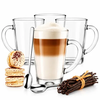 Obrázek produktu pro Sendez 6 sklenic na latte macchiato 300 ml s rukojetí a 6 lžiček z nerezové oceli Sklenice na kávu Sklenice na čaj