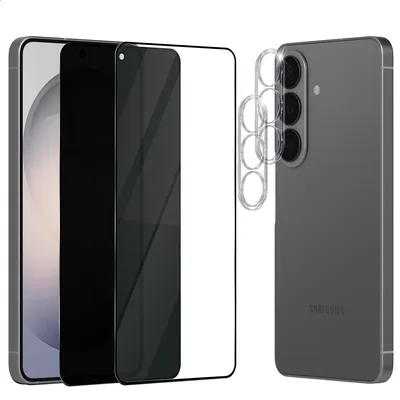 Produktbild von 2-Pack Samsung S26 Displayschutzfolie (1 Privacy + 1 Klar) & 2-Pack Kameraschutz - Gehärtetes Glas 9H - Super Qualität 3D