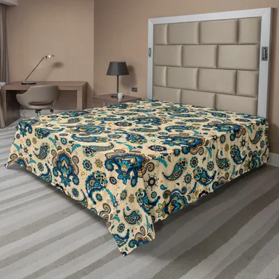 Produktbild von ABAKUHAUS Paisley Bettlaken, Buntes Weinlese-Blumenmuster-Muster mit orientalischem Retro- Entwurf Paisleys, weiches bequemes oberes Bettlaken für ein Nachbildungatives Bett 1 Stück 244 cm x 205 cm, Creme Blau Gelb