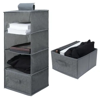 Image de Organisateur suspendu pour armoire à 4 compartiments, rangement suspendu avec 1 tiroir, étagère suspendue en tissu, organiseur d'armoire pour chambre à coucher, caravane, camping (gris)