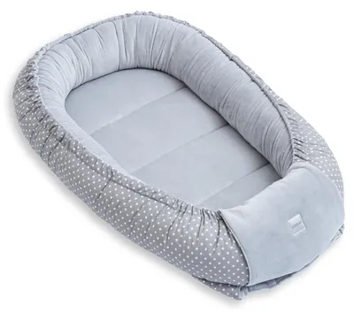 Produktbild von Premium BABYNEST SOLO - GRAU Samt Velour/ Grau PUNKTE Baumwolle Nestchen Babyausstattung Geschenk Geborgenheit Komfort für Neugeborene