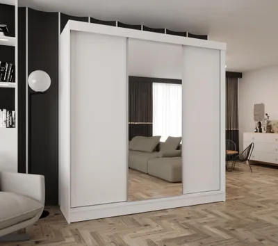 Produktbild von Schwebetürenschrank 3-türig 240x205x58 cm Weiß mit 1 Spiegel – Moderner Kleiderschrank