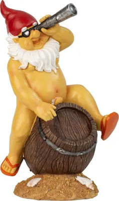 Produktbild von Nackter Zwerg mit Fernrohr auf Fass Gartenzwerg H 31 cm