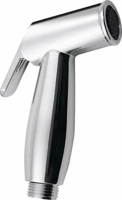A close-up studio shot of a chrome-plated bidet sprayer on a white background.