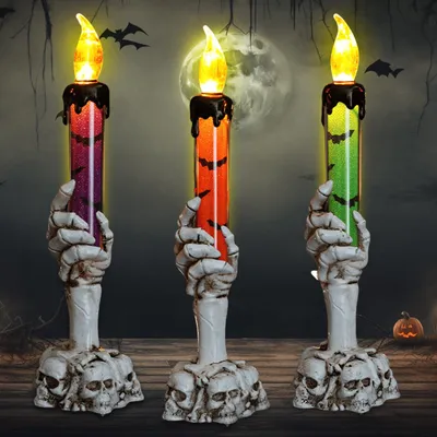 Produktbild von 3 Stück Halloween Totenkopf-Hand Kerzen, LED Stabkerzen mit Batteriebetrieb und Flammenlosigkeit, Halloween Deko für Innenausstattung und Outdoor