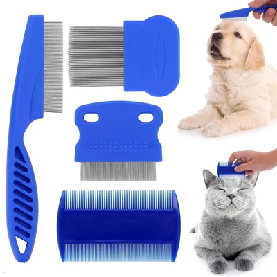 Produktbild von Flohkamm Set 4 Stück für Hunde & Katzen, Edelstahl & Kunststoff, Blau