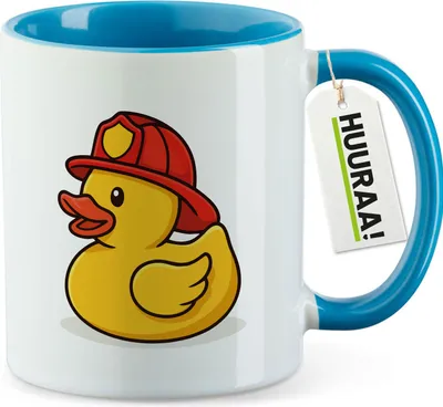 Produktbild von Huuraa Kaffeetasse Quietscheente Feuerwehr Comic Gummiente 330ml Blau Keramik Kaffeebecher Geschenkidee