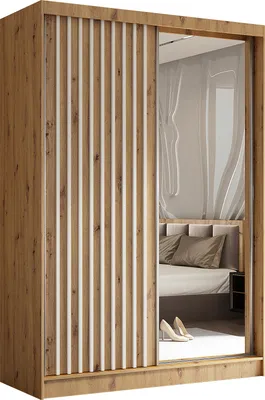 Produktbild von Masseno Schiebetürenschrank LAMELLO 150 cm Kleiderschrank Schlafzimmer Schrank 2-türig mit Spiegel und Lamellen Eiche Artisan
