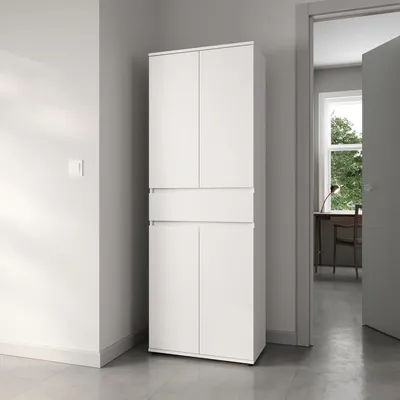 Obrázek produktu pro Skříňka široká 60 cm se 4 dvířky a zásuvkou | Univerzální úložná skříňka Víceúčelová skříňka se 3 policemi | Úzká skříňka do domácnosti, kanceláře, předsíně, ložnice | 64x34x180 cm (ŠxHxV) | Bílá