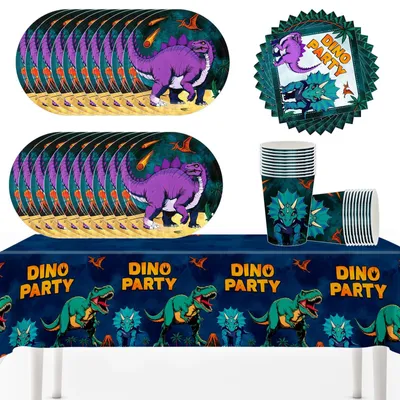 Image de Solidchoice - Ensemble de vaisselle sur le thème des dinosaures, comprenant 61 pièces, pour 20 convives