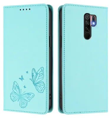 Produktbild von Lederhülle für Xiaomi Redmi 9, Schmetterling Prägung Leder Brieftasche Schutzhülle mit Ständer Türkis