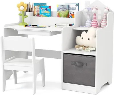 Imagen del producto de Escritorio infantil con silla, mesa de estudio para niños con 2 compartimentos abiertos, 2 estanterías abiertas y cajones, escritorio para estudiantes a partir de 3 años (blanco)