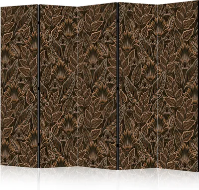 Produktbild von 5-teiliger Doppelseitiger Vlies Paravent - Dense Vegetation - Botanical Patterns in Illustrative Style; Brown 225x172 cm Blumen f-A-10177-z-f