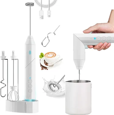Produktbild von Elektrischer Milchaufschäumer 3-Stufen, leise <20 dB, Edelstahlaufsätze, USB-C Ladung, Weiß