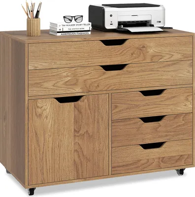 Imagen del producto de Carrito de oficina con ruedas, 5 cajones y armario, archivador, mueble de escritorio con cajones, carro de oficina de madera, color natural