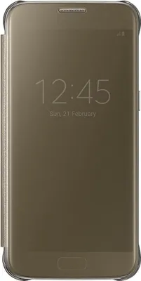 A gold Samsung Galaxy S7 phone with a clear view flip case is shown.