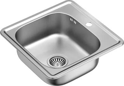 A stainless steel kitchen sink with a drain and faucet hole.