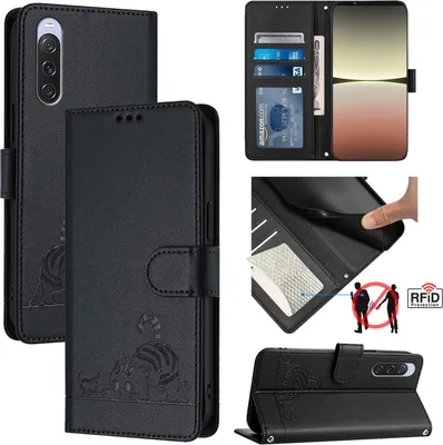Produktbild von Leder Hülle für Sony Xperia 10 V Süße Katze Flip Case Brieftasche Schutzhülle mit Standfunktion Schwarz