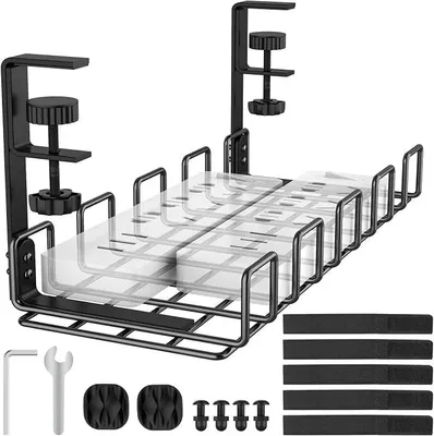 Produktbild von PolkaHome® Kabelmanagement Tray unter Schreibtisch, 40x16x18cm Drahtkorb Organizer, Kabelhalter mit Klemme, Schwarz