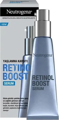 A product shot of Neutrogena Retinol Boost Serum with its packaging in the background.