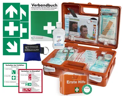 Produktbild von Verbandskoffer (K) Typ CN -Paket 1- Erste Hilfe nach akt. DIN 13157 (Betriebe) INKL. PERF. VERBANDBUCH + Hygiene-Gel & Notfallbeatmung + AUFKLEBER