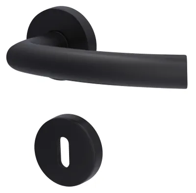 A black door handle and a keyhole escutcheon are shown against a white background.