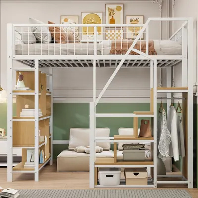 Immagine prodotto di Letto a castello 140x200 cm, bianco, in metallo, compensato e MDF, con spazio contenitore e scaletta, ideale per la camera da letto