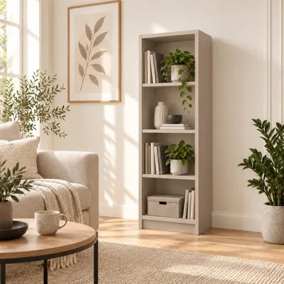 Zdjęcie produktu dla SELO Nowoczesny regał na książki 50 x 31 x 148 cm – kaszmirowy – 4 półki – otwarty regał wolnostojący z płyty meblowej o grubości 16 mm, Obraz wygenerowany przez AI