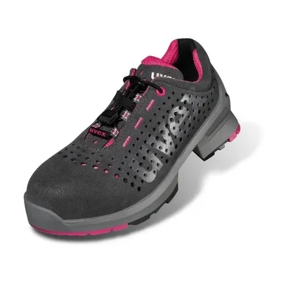 A single grey and pink safety shoe is shown against a white background.