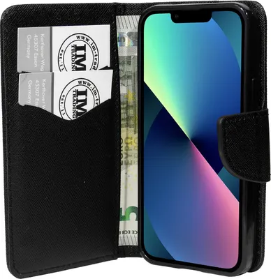 Produktbild von cofi1453® Buch Tasche "Fancy" kompatibel mit iPhone 13 Mini Handy Hülle Etui Brieftasche Schutzhülle mit Standfunktion, Kartenfach Schwarz