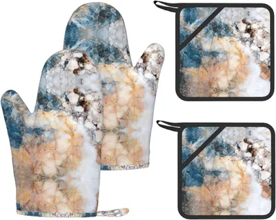 Produktbild von Küchenset mit Marmor-Design, hitzebeständigen Ofenhandschuhen und rutschfesten Pads