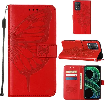 Produktbild von OPPO Realme 8 5G Hülle, Schmetterling Prägung Flip Leder Kartenfächer Schutzhülle Ledertasche mit Ständer für OPPO Realme 8 5G / Realme V13 5G / Narzo 30 5G Rot