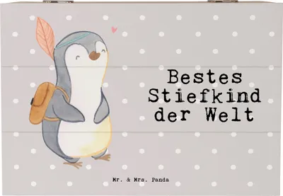 Produktbild von Mr. & Mrs. Panda Box Pinguin Bestes Stiefkind der Welt 22 x 15 cm - Grau Pastell - Geschenk, Holzbox mit Deckel, Sohn, fotobox, Geschenkbox, Tochter, Geburtstag, Geburt