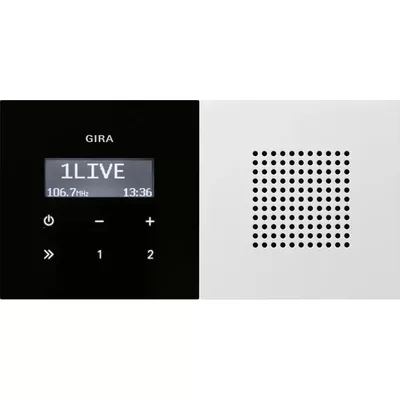 Immagine prodotto di Gira 2280112 Radio RDS da incasso con altoparlante Piano di comando in vetro nero Interruttore di superficie bianco puro lucido