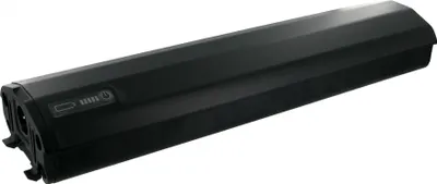 A black e-bike battery pack shown from a slight diagonal angle against a white background.