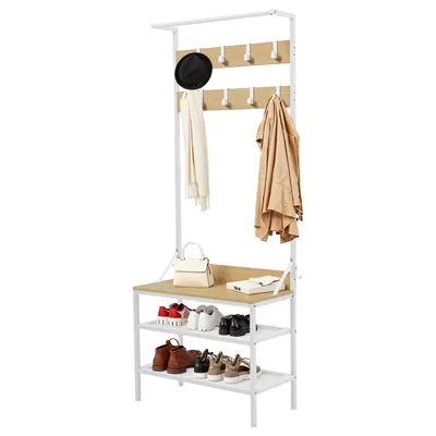 Produktbild von Garderobenständer mit Schuhbank, Kleiderständer mit Sitzbank, 8 Haken & Regalen, Metallrahmen, 72 × 34 × 182,5cm, Beige