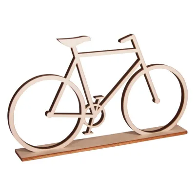 A wooden decorative bicycle on a wooden base, isolated on a white background.